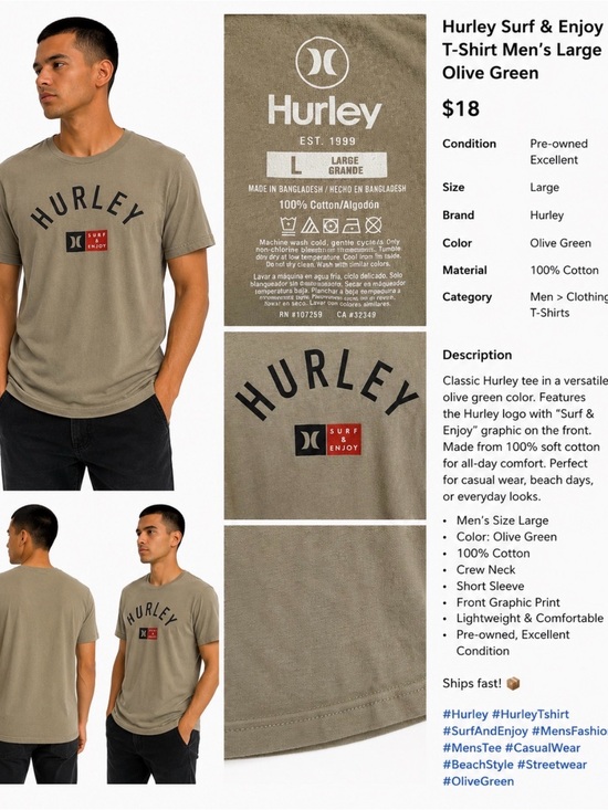 Hurley Other - Hurley Olive Green 'Surf & Enjoy' Graphic Tee - Men's